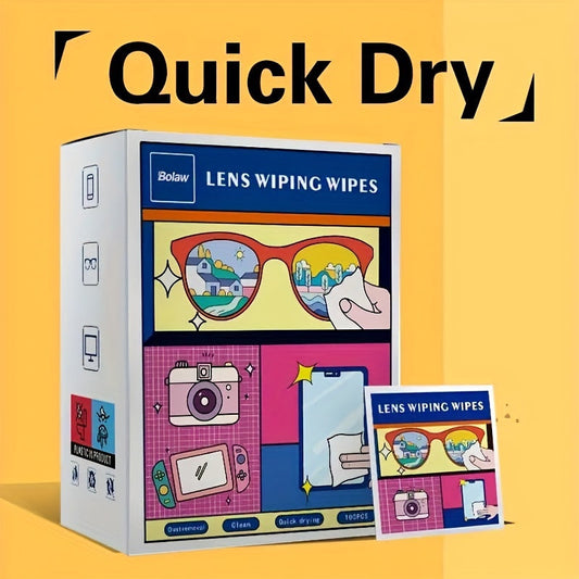 Kit of 100 quick-dry lens wiping wipes made from acetate material. Features anti-fog, streak-free, and lint-free properties, suitable for use on glasses, phone screens, helmets, and mirrors in various scenarios.