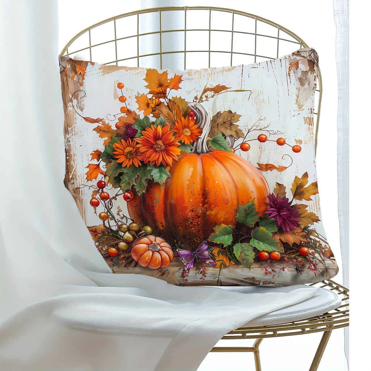 Modern 44.96cm x 44.96cm Autumnal Pillow Cover featuring Pumpkins and Sunflowers, Ideal for Home Decor in the Sofa, Living Room, or Bedroom. Single-Sided Print, Pillow Insert Not Included.