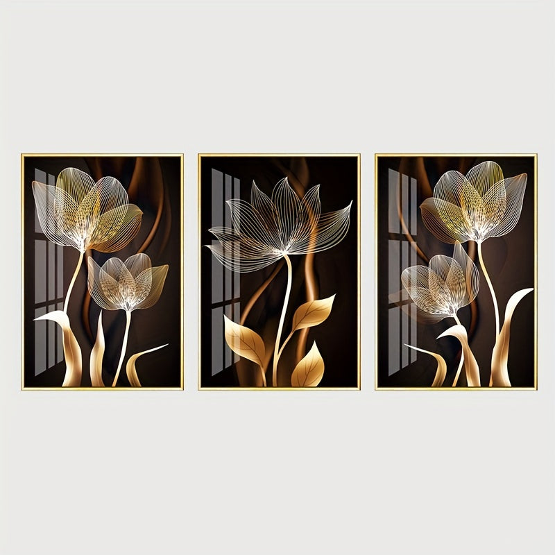 3 unframed posters of black and golden flower wall art canvas painting for living room decor, modern abstract design, 15.7x23.6in/40x60cm.