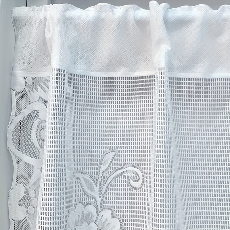 Elegant white lace flower print curtain, suitable for bedroom, living room, kitchen, and study. This rod pocket window treatment is perfect for home decor.