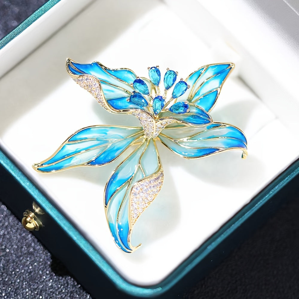 Vintage-inspired alloy flower pin with elegance enamel orchid and sparkling zirconia, perfect for suits and dresses.