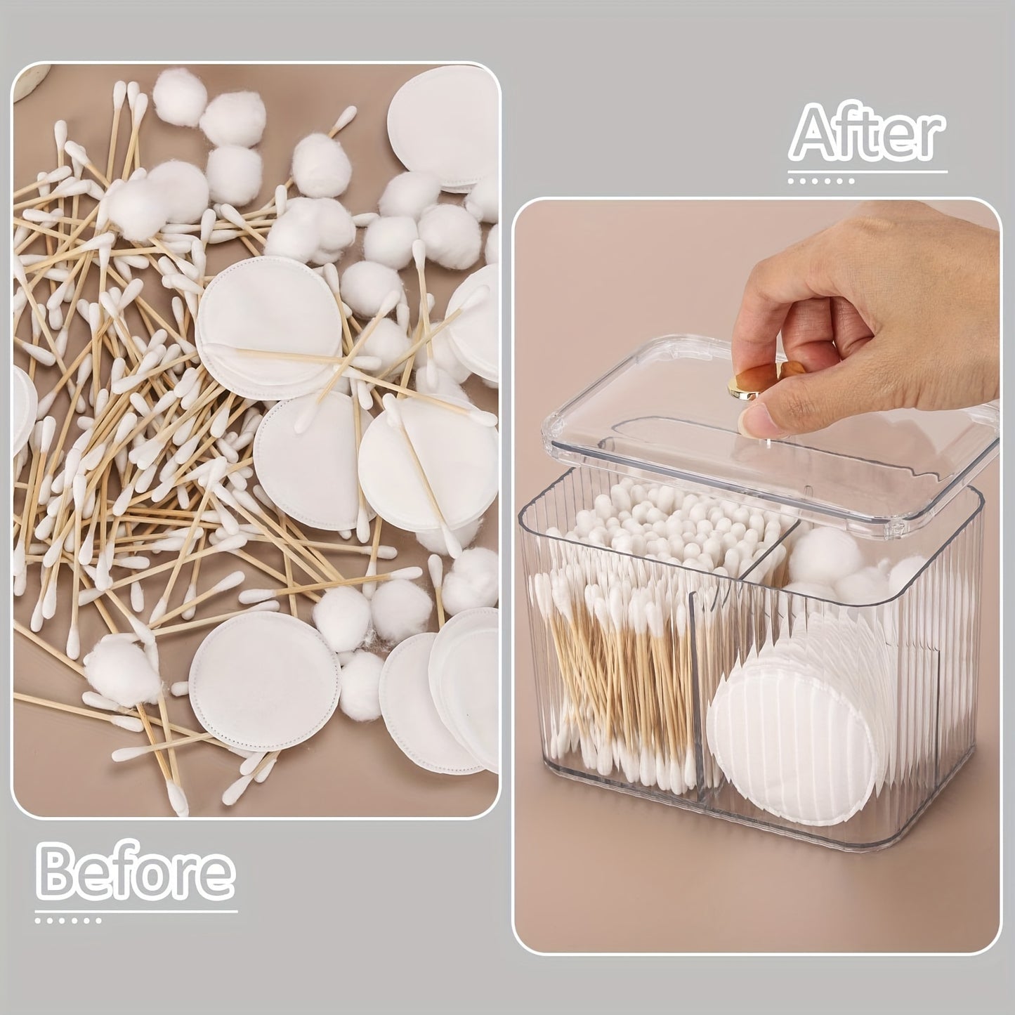 Clear plastic Qtip holder with 3 sections for cotton swabs, pads, and balls. Ideal for vanity storage, lightweight and space-saving.