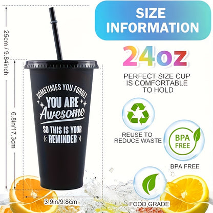 5-Pack of 24oz inspirational tumblers with lids and straws, hand-wash only cups, BPA & PVC free, rectangle sealable mugs for coworkers, teachers, employees.