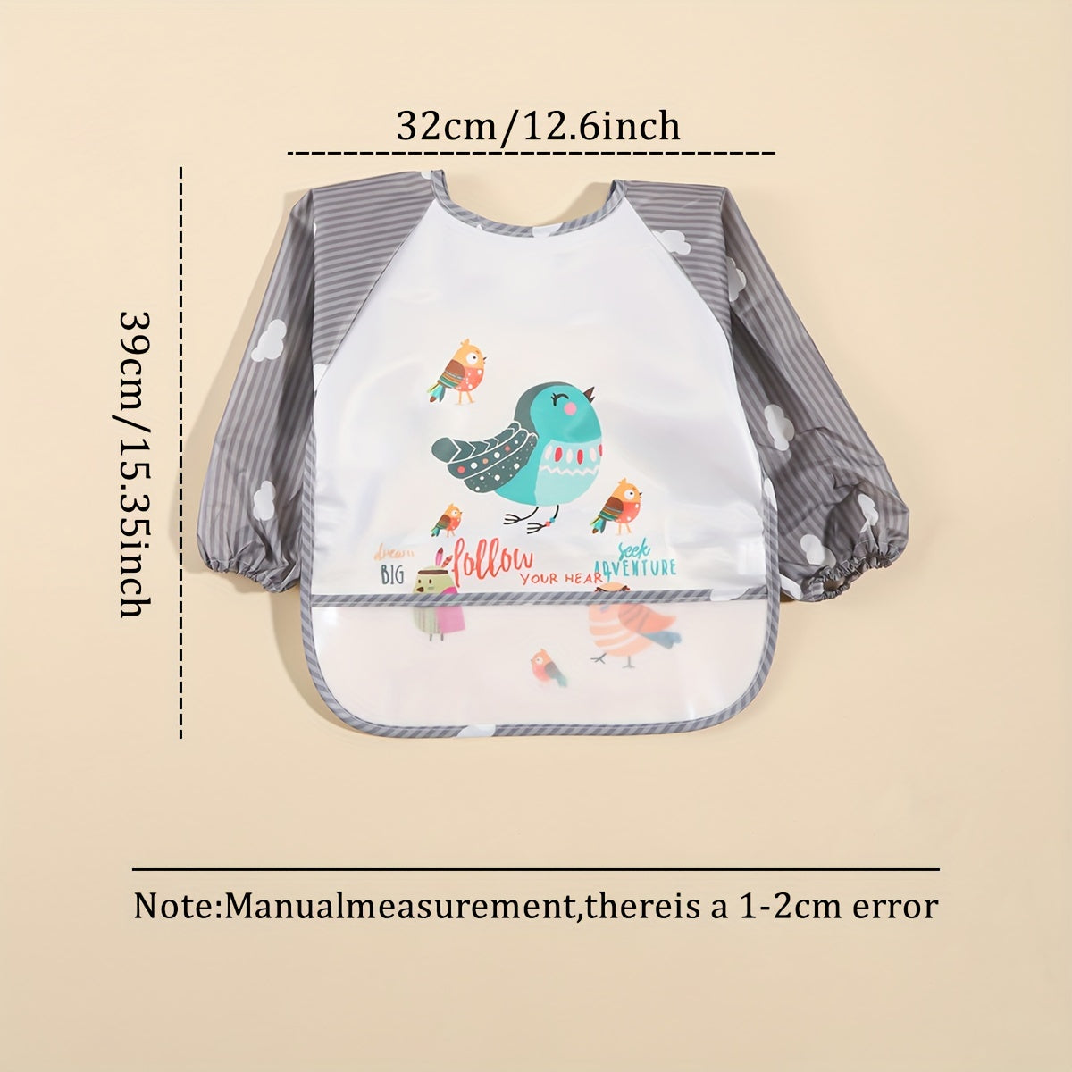 Long-sleeved Waterproof Feeding Bib with Adorable Cartoon Design, Reversible Wear Option.