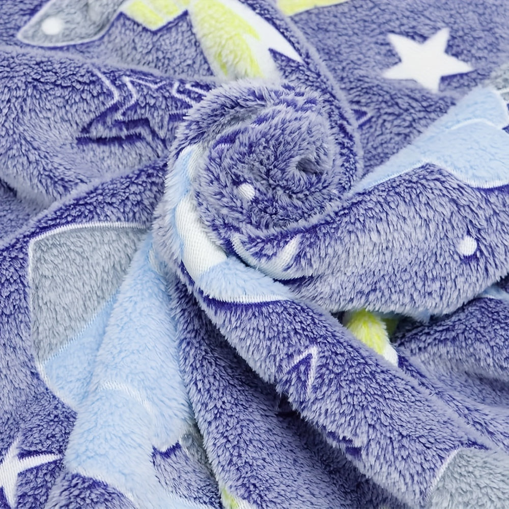 One piece of contemporary style throw blanket featuring glow in the dark space theme. Made of knitted all-season polyester, this bed blanket has active printing with a cartoon rocket and stars pattern. It is soft and can be used as a sofa cover. An ideal