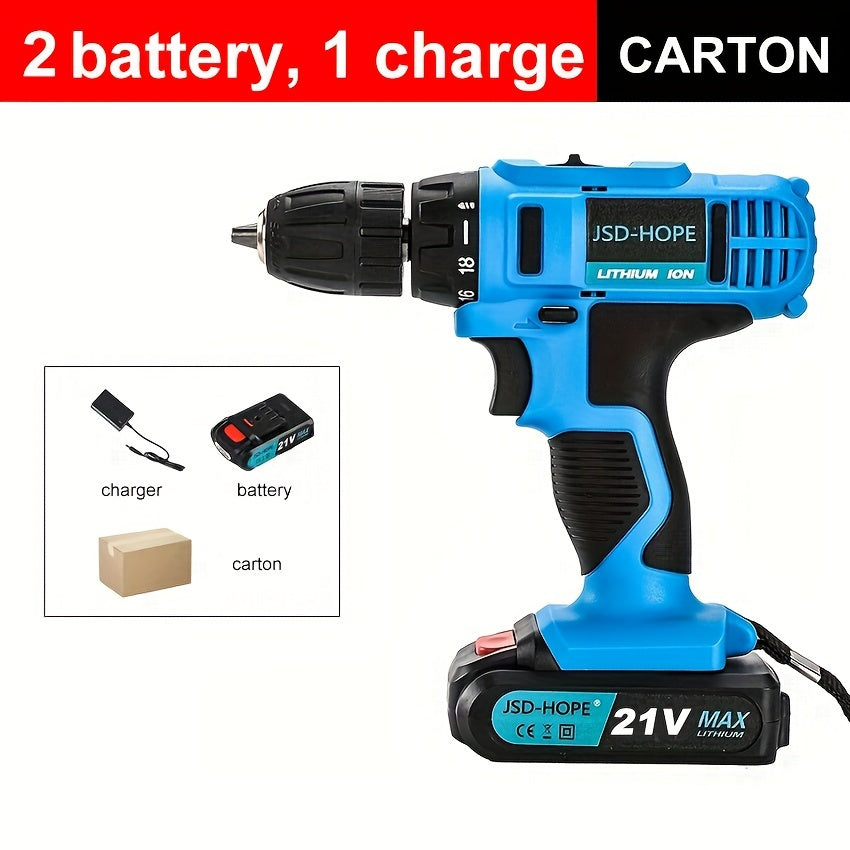 Cordless impact drill with brushless motor, rechargeable lithium battery, and multi-function capabilities. Charger included.