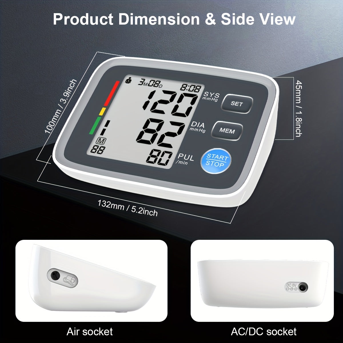 Home blood pressure monitor with automatic upper arm cuff and digital display, includes cuff for arm sizes 22.1-43.18cm.