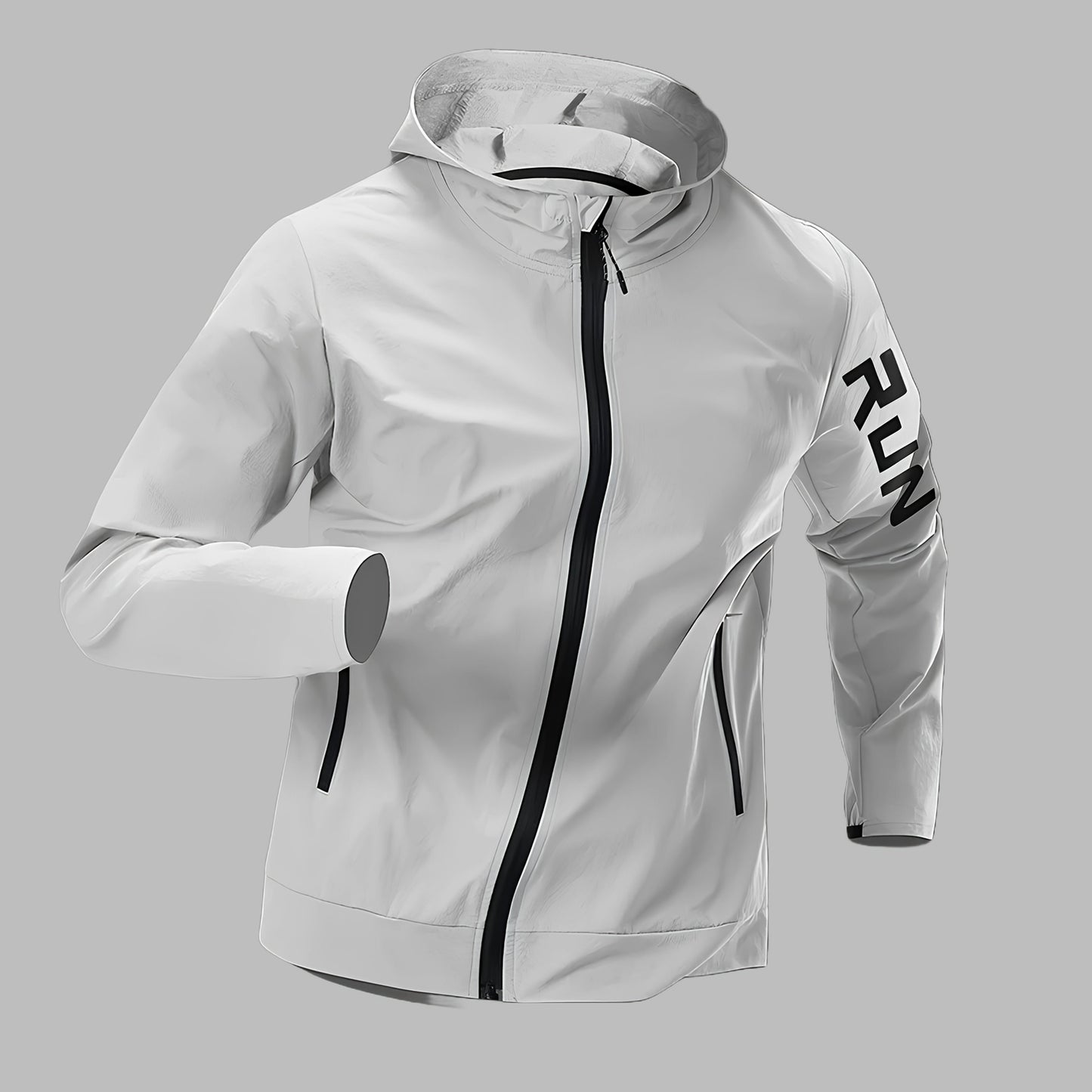 Men's hooded jacket made of 90% polyamide and 10% spandex with alphabet pattern. Features zipper closure and is suitable for hiking, running, and outdoor activities in spring, fall, and