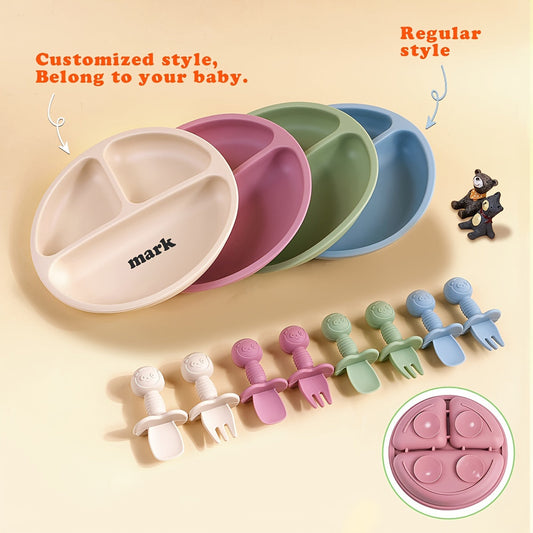 TYRY.HU Silicone Baby Feeding Set includes 3 pieces of essential items: a suction divided plate, utensils, and BPA-free tableware set. Perfect for Baby Led Weaning, this set comes with a spoon and fork, making mealtime enjoyable and mess-free. Ideal for