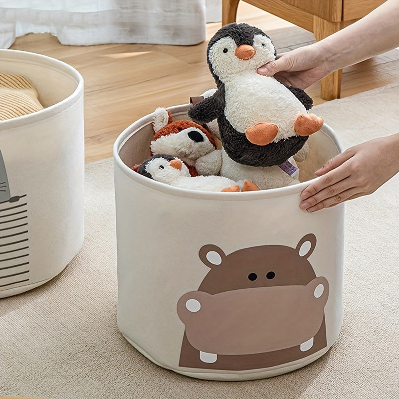 One Piece Large Capacity Felt Toy Storage Basket with Folding Laundry Hamper, featuring a Cute Animal Design. Made from Polyester Material with an Unfinished Look. Suitable for Ages 14+ and perfect for Standalone Use.