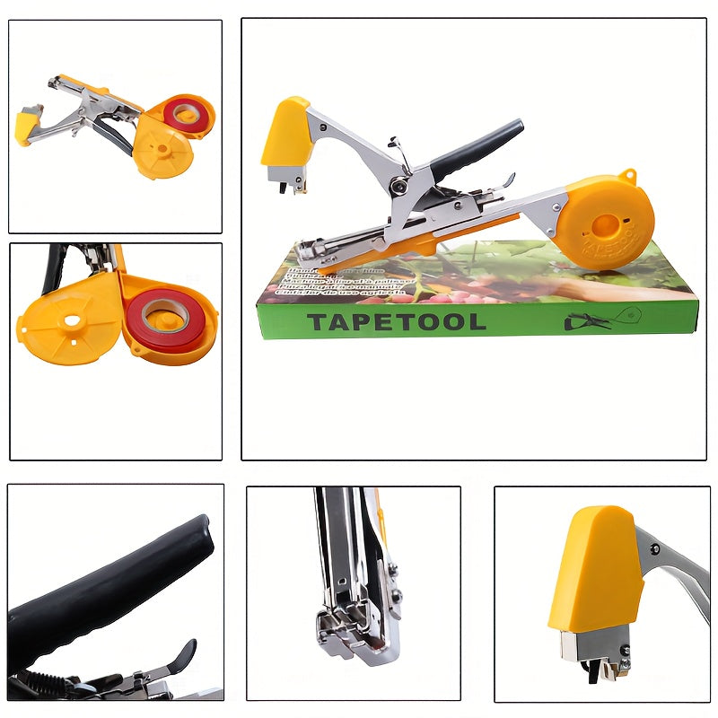 Yellow agricultural tool set includes a plant tying machine for vine, grape, cucumber, eggplant and vegetables. It is widely used, easy to use, time-saving and labor-saving, making it a