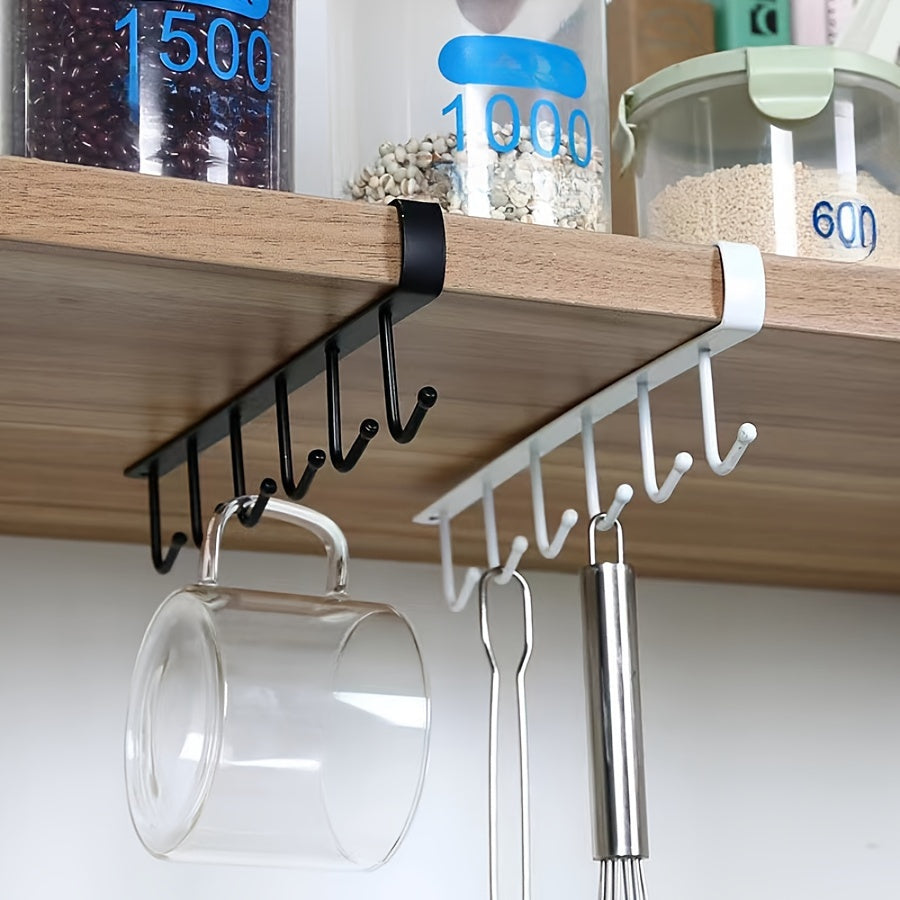 Double row hanging hook cup rack made of cast iron for kitchen cabinet storage without the need for drilling, electricity, or powered usage.