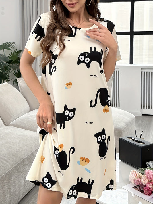 Cartoon Cat Print Nightdress for Women, Short Sleeve Sleep Dress