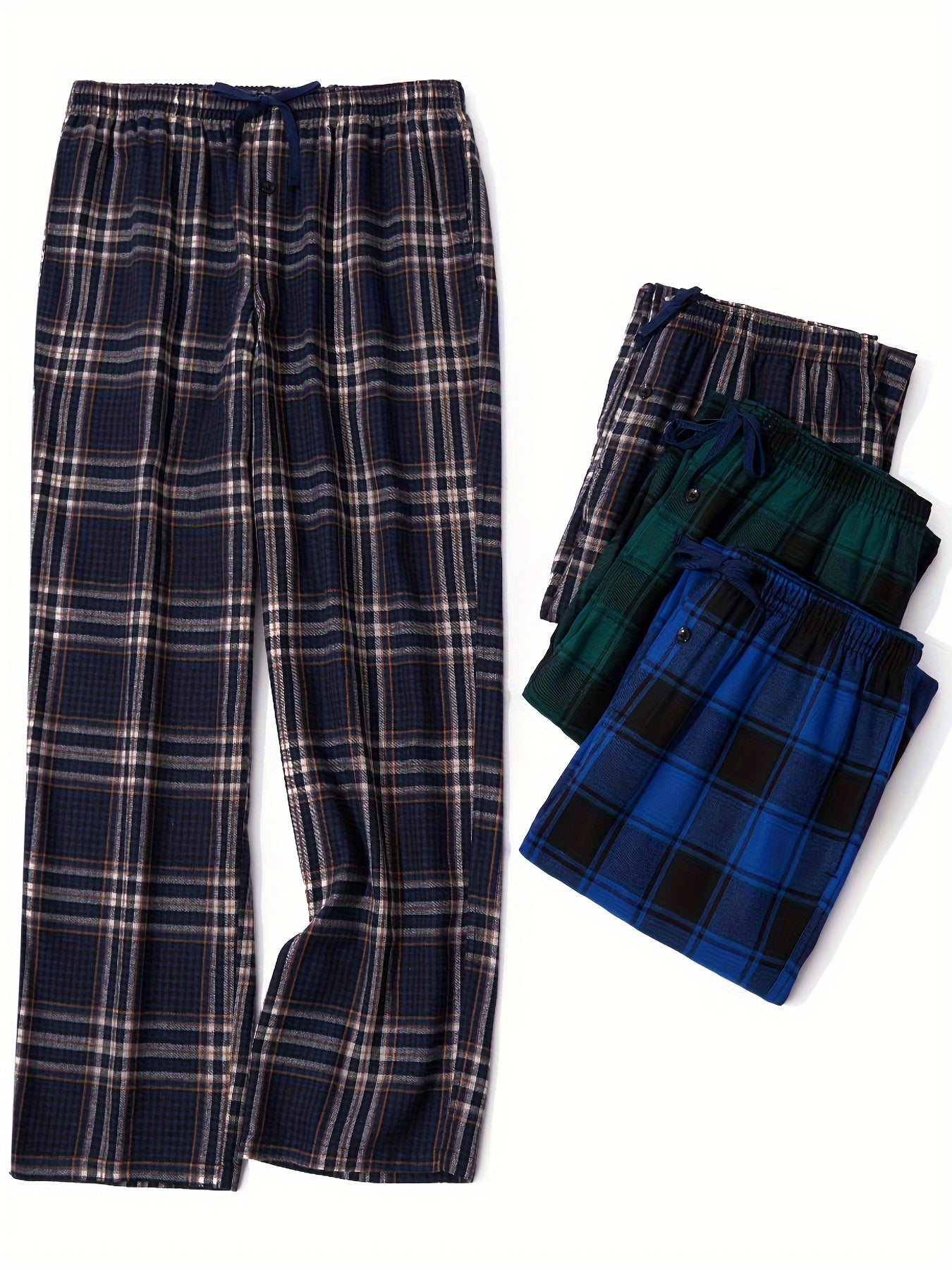 3 Large Men's Flannel Plaid Sleep Pants with Pockets, Flap, Drawstring, PLUS SIZE