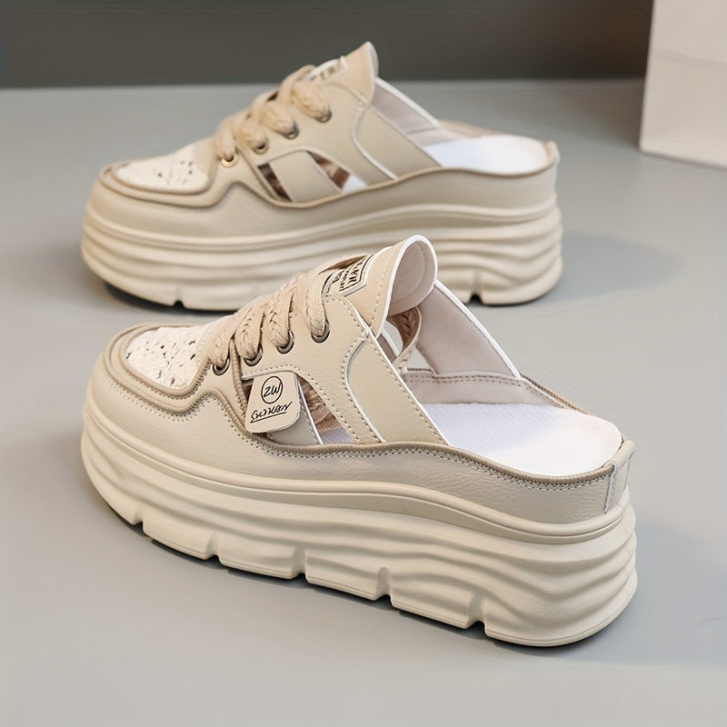 Women's breathable platform mule sneakers with cutout design, lace-up closure, and comfort for summer wear.