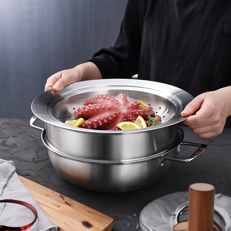 Stainless Steel Flying Saucer Steamer with Lid - Multi-Functional 1pc Accessory for Home Cooking, Fruit Storage, Pot Stand, and Steaming Rack - Compatible with 24-28cm Cookware