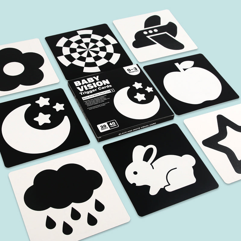 High contrast black and white red cards for visual stimulation and brain development for children up to 6 months. Contains 40 pages of 20 cards.