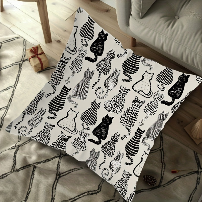 Modern cat themed throw pillow cover with abstract kitten design, machine washable, zippered polyester case for various furniture - 44.96x44.96 cm, insert not included.