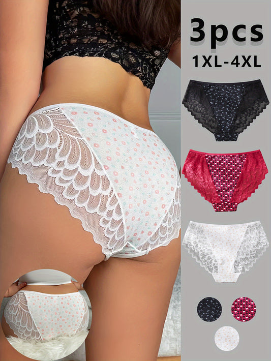 3 women's high-waist lace panties with elegant floral and heart print design in assorted colors.