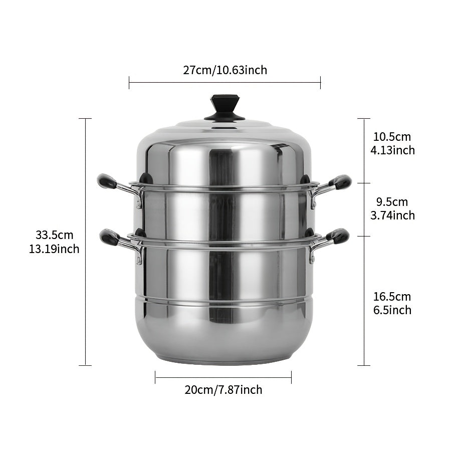 The Stainless Steel 3-Tier Steamer Set features 4 pieces and a versatile double boiler design with a thick durable construction for even heat distribution. It includes a soup pot, steaming tray, steamer insert, and lid, perfect for cooking dumplings