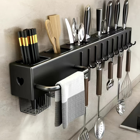 This multi-functional knife storage rack is made of high-quality premium carbon steel and does not require punching for installation. It can store kitchen knives, forks, spoons, woks, spatulas, rags, and chopsticks in one place with dry and wet