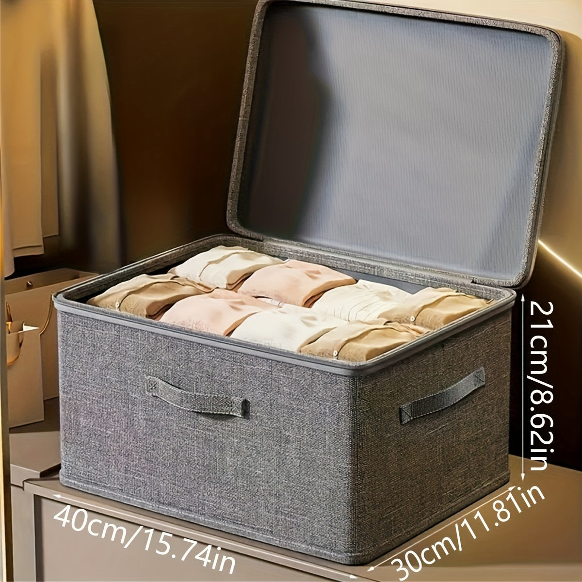 Rectangular fabric storage box with lid for clothes, office supplies, and home organization.