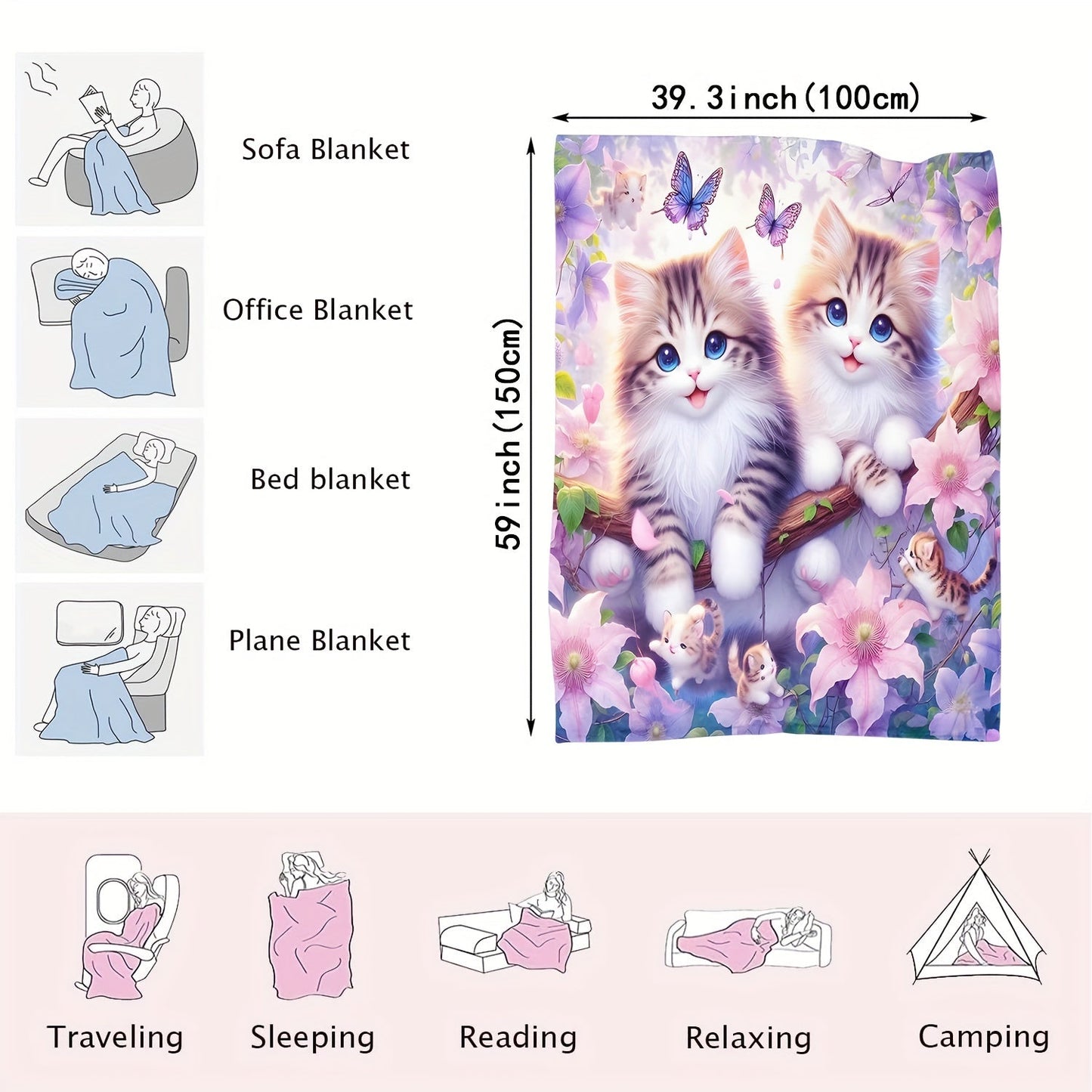 Soft and cozy plush throw blanket featuring a cute cat print design. Made of knitted flannel polyester, this all-season blanket is perfect for home, kitchen, bed, picnic, travel, and makes a great Christmas gift. With a contemporary style and weighing