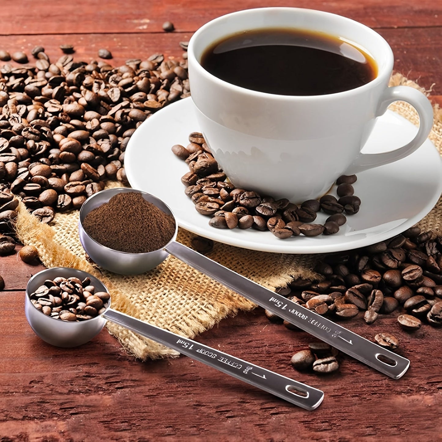 Set of long-handled stainless steel coffee scoops with multiple measurement options, suitable for ground coffee, tea, and powders. Ideal for travel, camping, and gifting, as well as for measuring loose tea. Includes 5ml, 10ml, 15ml, 20ml, and 30ml scoops.