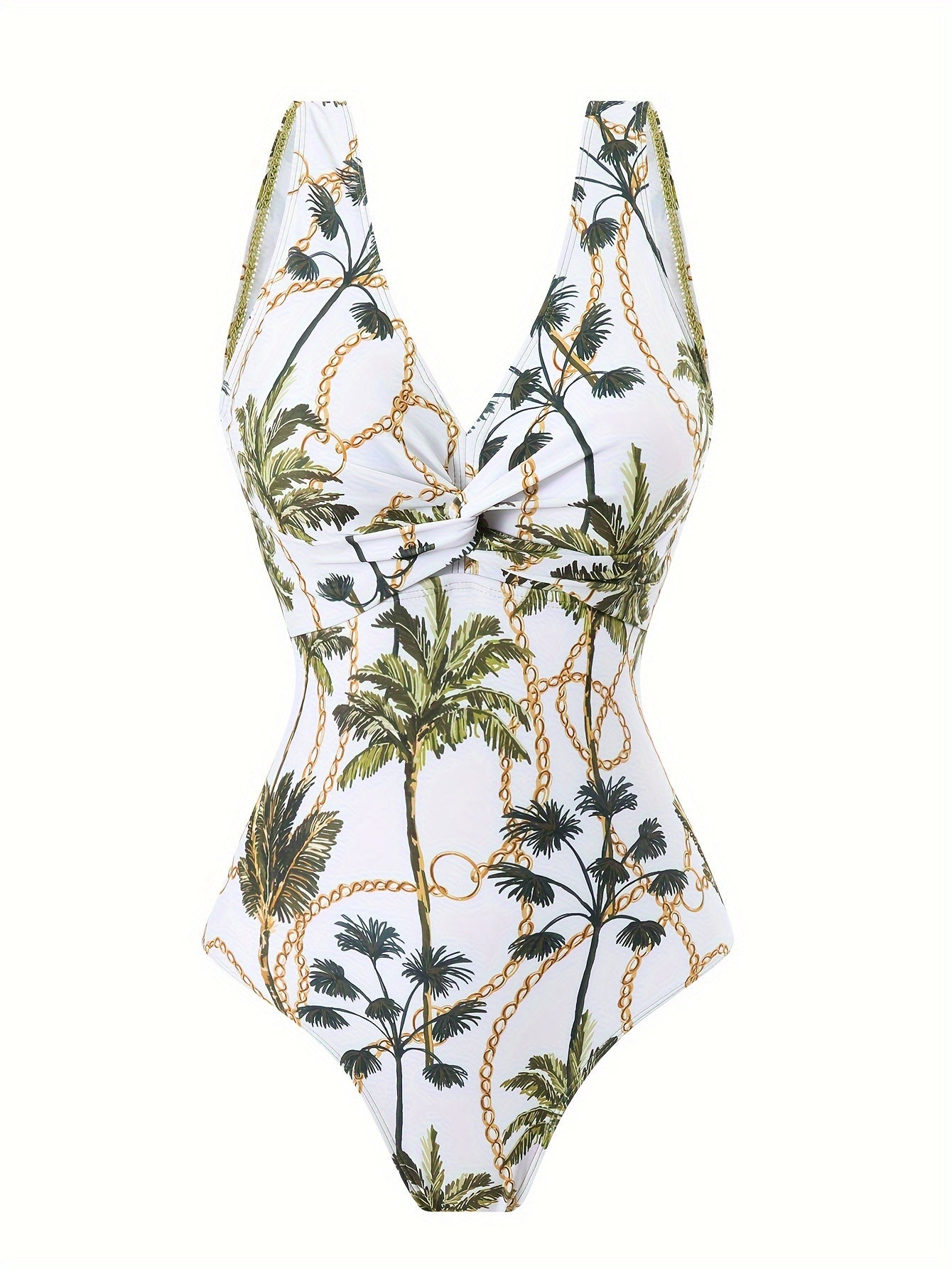 Tropical palm print two-piece swimsuit set made with high stretch knit fabric includes a V-neck one-piece swimwear and sheer sarong with removable pads, suitable for all seasons as