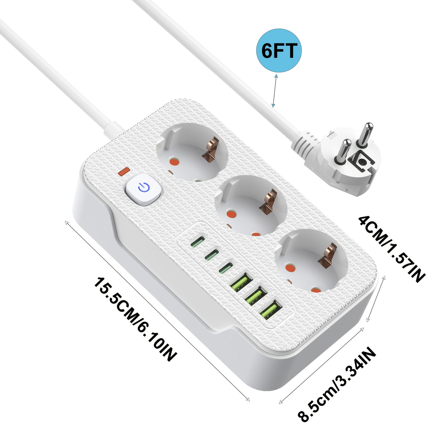 Multipurpose socket with 3 power outlets (3 USB-A, 3 TYPE-C) and automatic short circuit protection. Ideal for use in various locations such as home, office, kitchen, computer desk, and