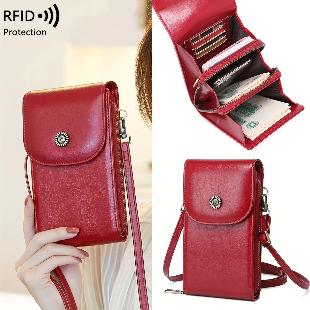 CHARM INFINITE RFID Blocking Crossbody Phone Wallet in Vintage Red with adjustable strap, multi-pocket organizer, waterproof & anti-theft design for everyday use.