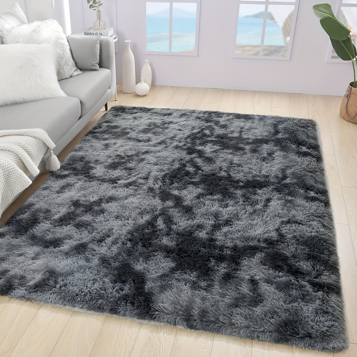 Luxurious Dark Grey Tie-Dye Plush Area Mat - Ultra-Soft with Thick Sponge Padding for Comfort, Durable, Easy to Clean; Perfect for Living Room, Bedroom, and Game Room. Available in Multiple Sizes. Great for adding style and comfort to your living space.