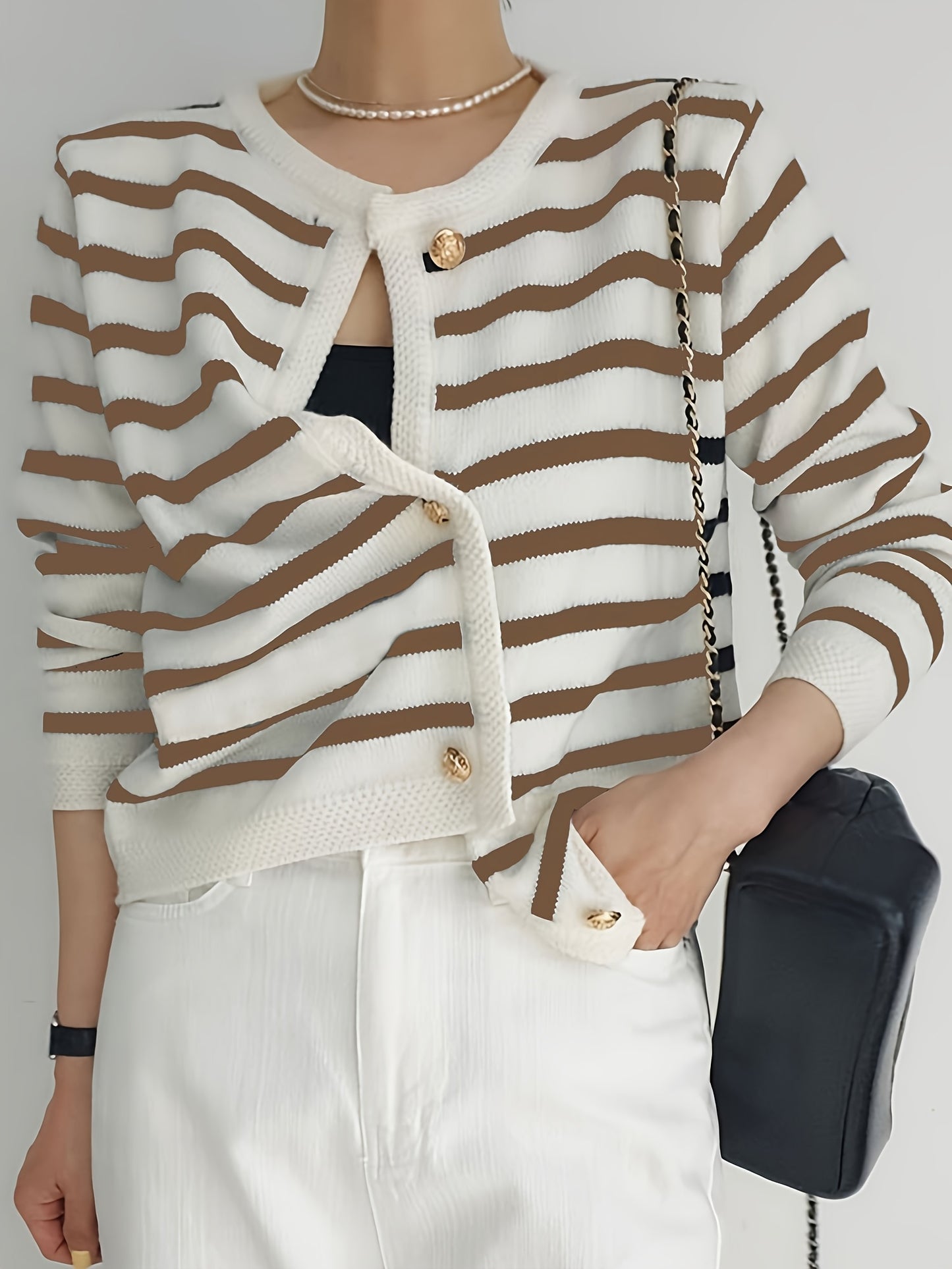 Stylish Striped Knit Cardigan for Women, ideal for Fall layering with button front and long sleeves. Made from high-stretch fabric.