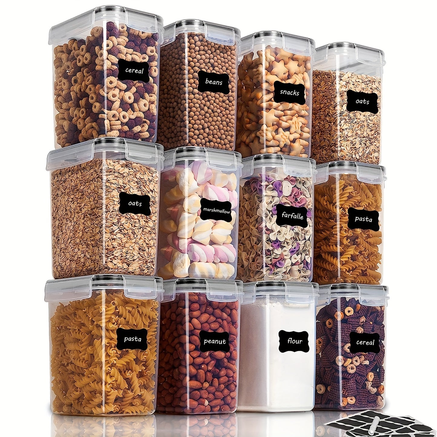 6/12pcs Cereal Storage Container Set, 1.6L / 54oz, BPA-free plastic, Airtight, Labels included. Perfect for RV organization.