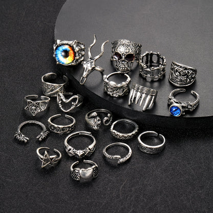 Set of 20 Gothic Skull Demon Eye Deer Antler Punk Rings for Halloween Parties, Festivals, and Everyday Wear. Great for gifts.