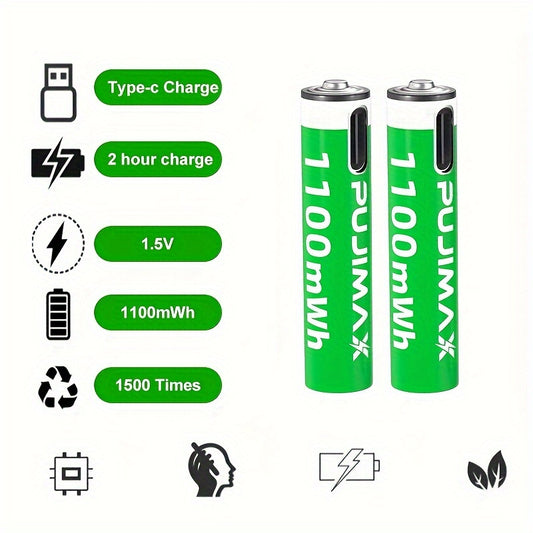 PUJIMAX rechargeable lithium batteries come in packs of 12, 8, 4, and 2 with a capacity of 1100Mwh and a voltage of 1.5V. The package includes a battery case and a Type-C charging cable