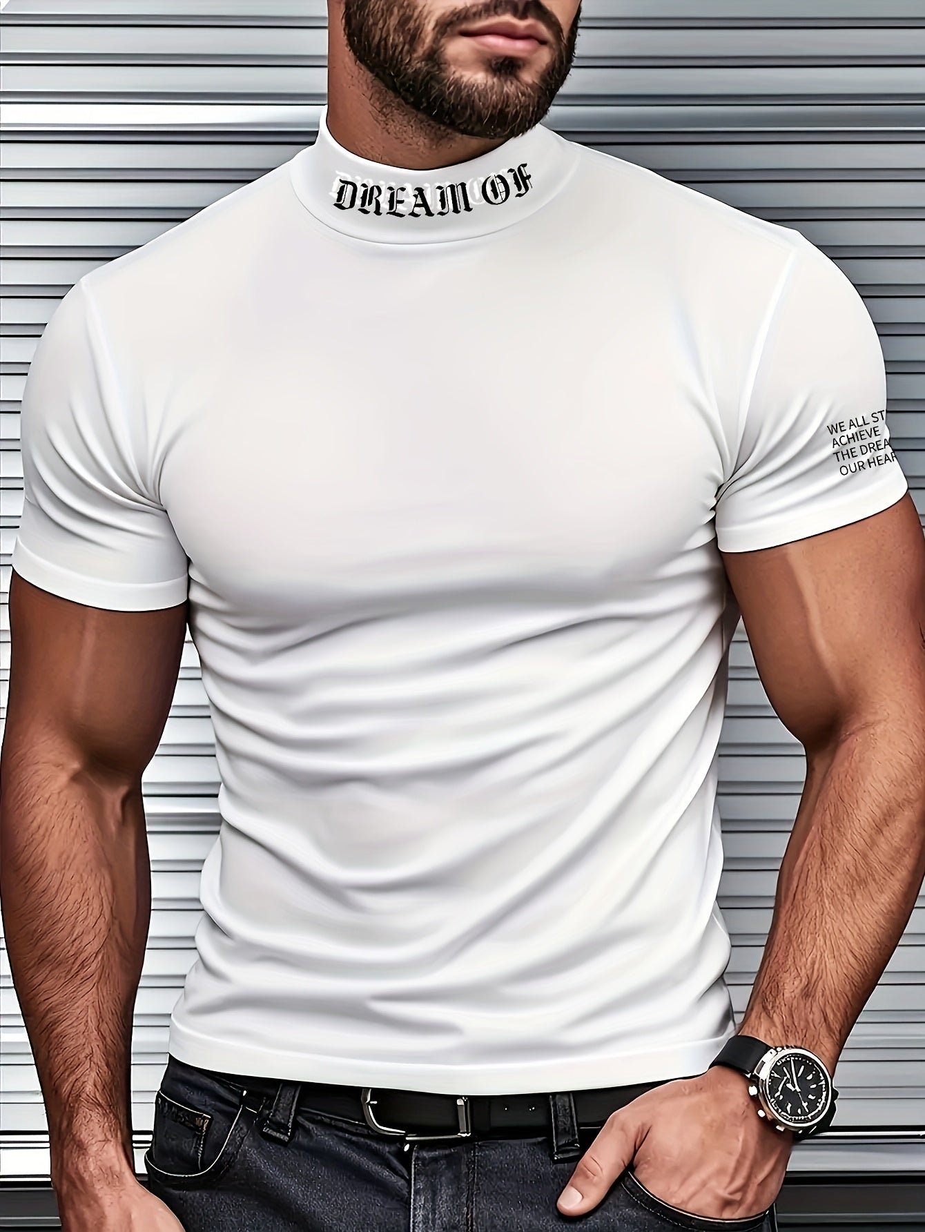 Breathable men's short sleeve t-shirt with random print, made of polyester spandex blend. Features stand collar, slight stretch, skinny fit, and knit fabric. Suitable for all seasons