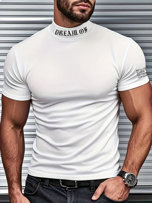 Breathable men's short sleeve t-shirt with random print, made of polyester spandex blend. Features stand collar, slight stretch, skinny fit, and knit fabric. Suitable for all seasons