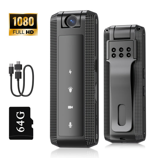 Compact black digital video camera with audio recording, 1080P full HD, night vision, manual focus, rechargeable battery/USB power, TF card slot, ideal for business meetings and outdoor use.