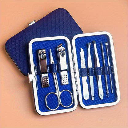 Manicure and pedicure set with nail clippers, files, ear spoon, and portable case for nail care at home or on-the-go.