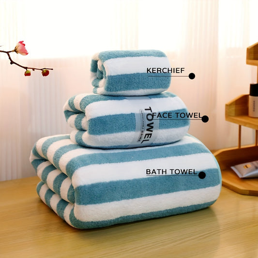 Luxury bath towel set in blue & white stripes - ultra-soft, highly absorbent microfiber. Includes large bath towel, bath towel, and washcloth. Lint-free, skin-friendly for home & hotel use. Ideal for bathrooms.