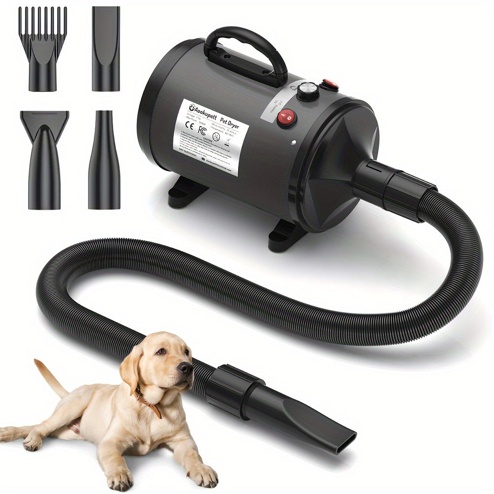 Aookupett Professional Dog Hair Dryer - High-power blower with adjustable heat and speed, includes 4 nozzles for precise grooming.