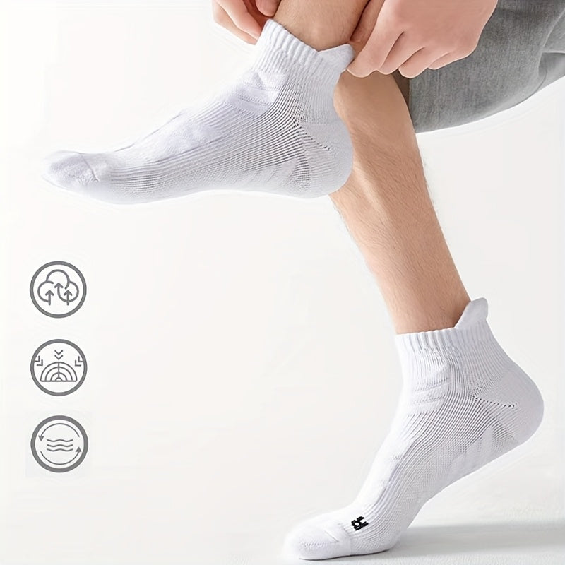 5 pairs of men's sports socks with anti-slip, thick towel bottom, breathable fabric, shock absorption, ankle support. Made of 90% polyester and 10% spandex for basketball, running