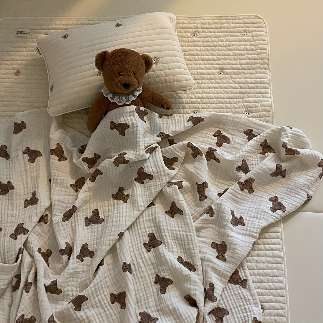 Cozy Double-layered Cotton Yarn Baby Blanket featuring Bear Print, Ideal for Swaddling and Bath Time