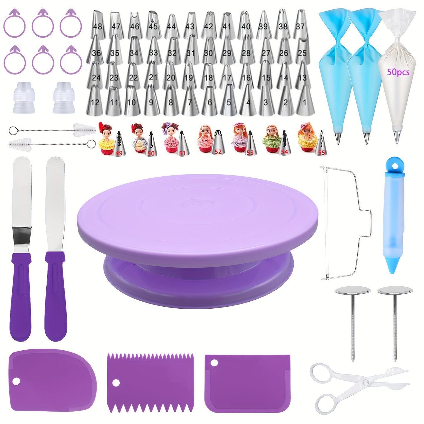 128-piece cake decorating kit with pink turntable, stainless steel piping tips, reusable and disposable pastry bags, silicone spatula, cream scrapers, flower nails, scissors, and pen. Ideal