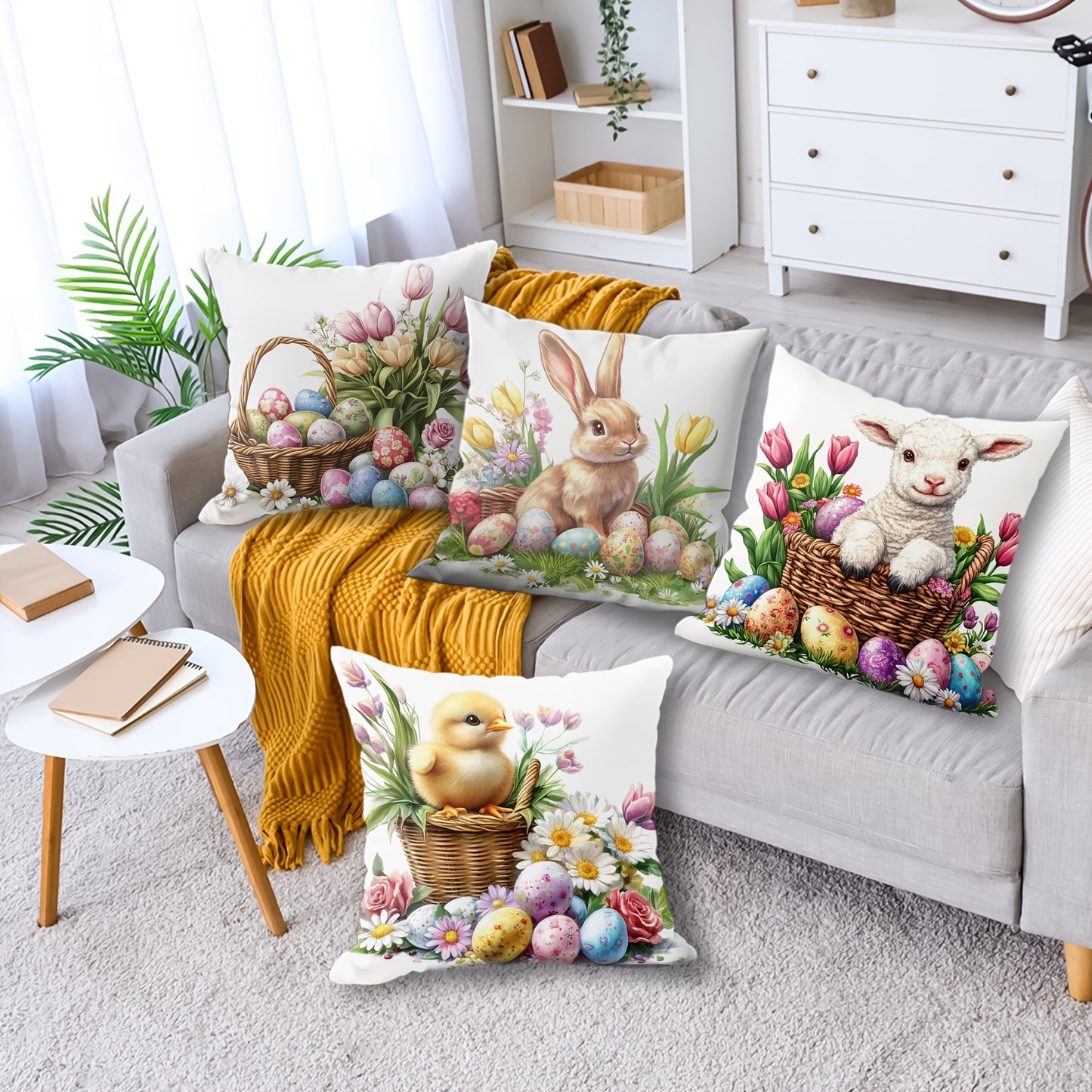 Set of 4 Easter floral throw pillow covers made of soft polyester with zip closure, hand washable. Ideal for sofa, home decor, office, and living room. No insert included. Single-sided printing.