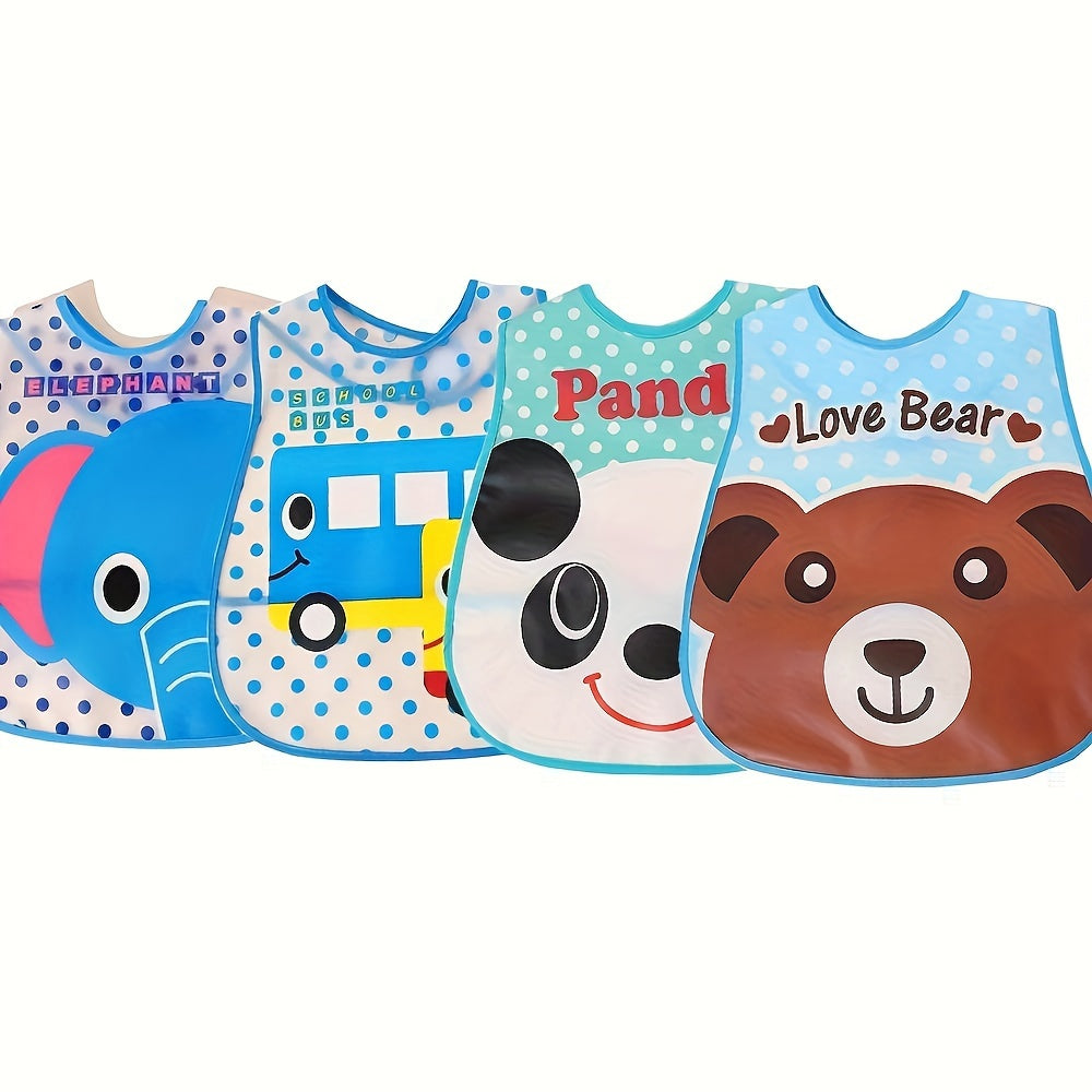 Three water-resistant bibs with hook and loop closures, featuring a cartoon design made of polyester material. Suitable for children up to 6 years old, these drool bibs are easy to clean and can be used as a feeding apron.