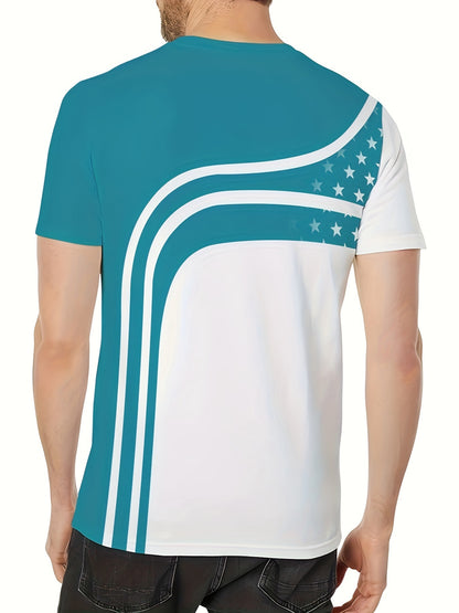 Men's casual round neck t-shirt with 3D geometric pattern, made of polyester, regular fit, featuring stretch knit fabric and novelty design.