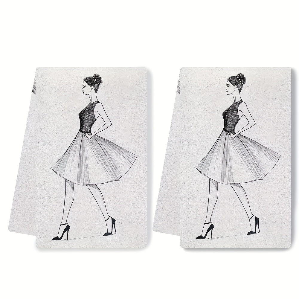 Two pieces of ultra soft kitchen towels featuring an elegant woman line art design. These highly absorbent and quick-dry dish hand towels are machine washable and have a contemporary style. With dimensions of 40.64x60.96 cm, they are perfect for holiday