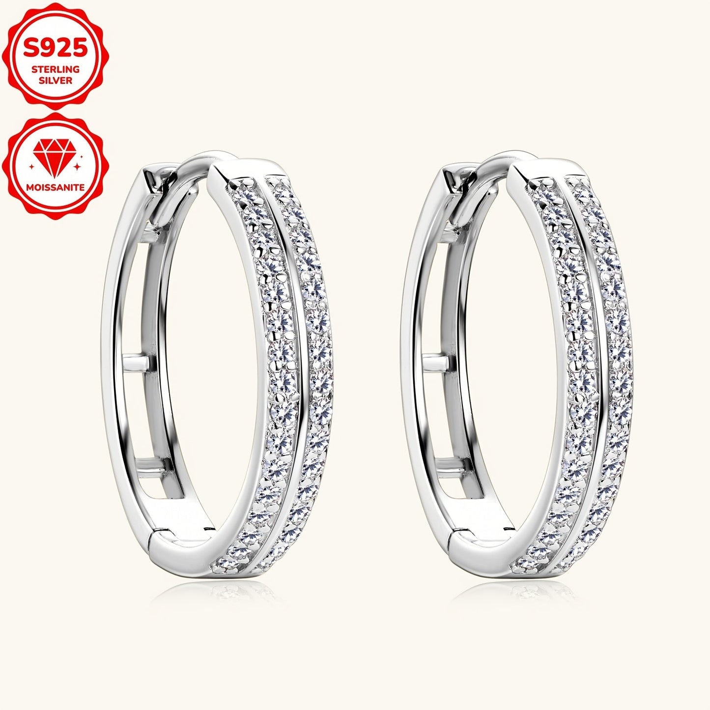 Pair of Moissanite Earrings crafted in 925 Sterling Silver with a silvery Gram Weight of 2.72g. Features 64pcs of Moissanite stones measuring 1mm each, totaling 0.16ct per earring. These Women's Fashion Hoop Earrings have an inner diameter of 15mm.